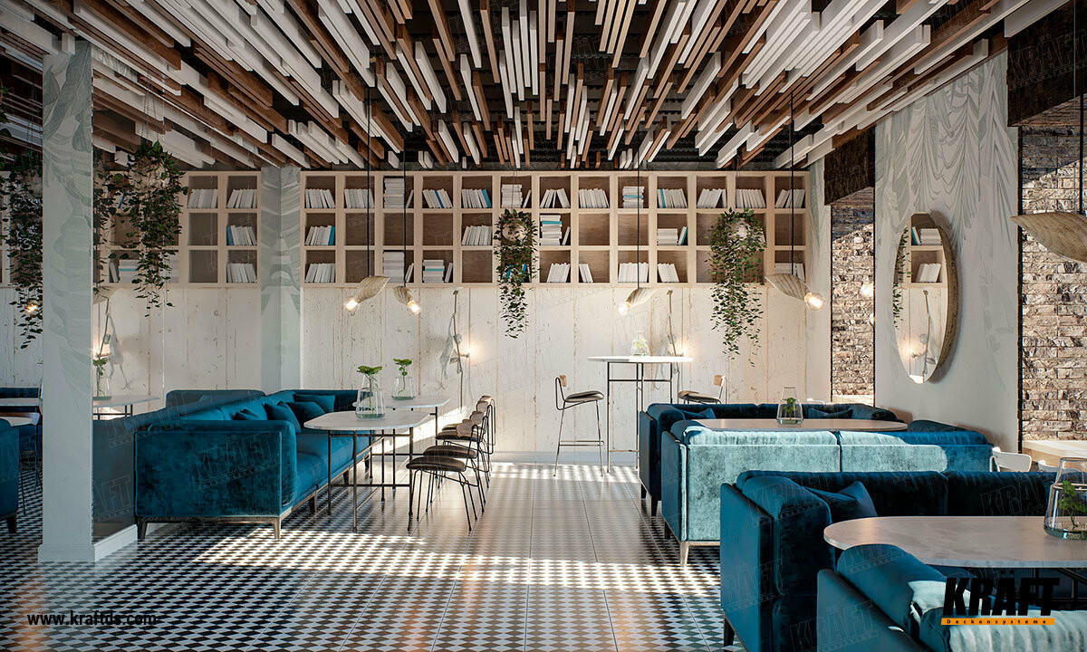 Дизайнерский подвесной потолок из кубообразной рейки KRAFT в интерьере кафе, ресторана
