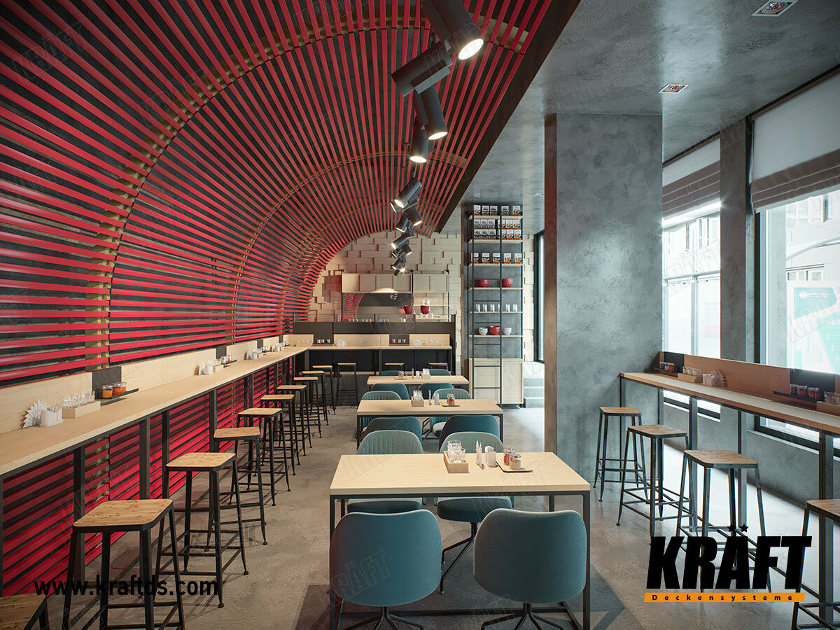 Дизайнерское решение для подвесного потолка и стены из кубической рейки KRAFT в интерьере кафе, ресторана