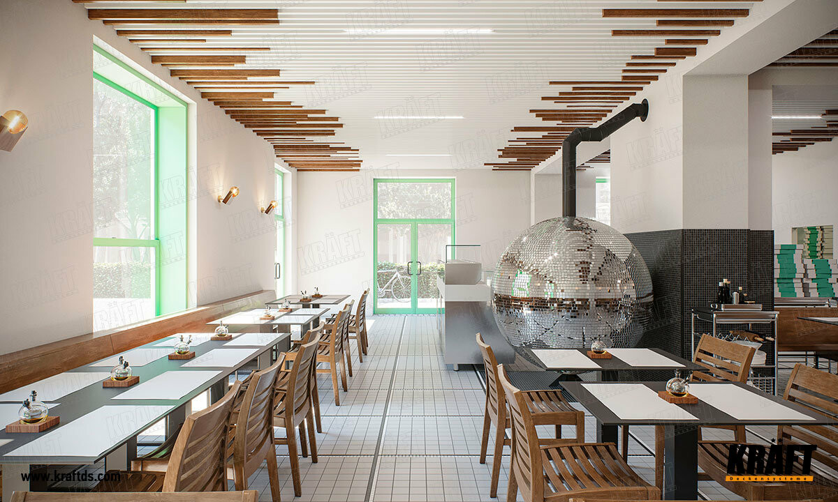 Дизайнерский подвесной потолок кубообразной рейки KRAFT в интерьере кафе, ресторана